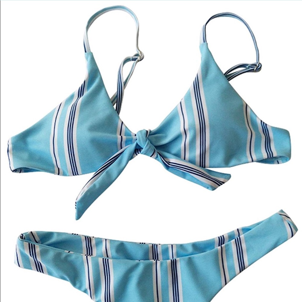 striped tie front knot bikini set